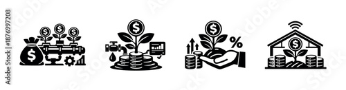 Finance and growth vector icons set. money, investment, economic development symbols