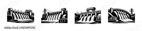 Vector icons set of hydroelectric dams. black flat dam symbols and power station outline.