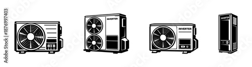 Air conditioning vector icons set: inverter units, split air conditioners, hvac symbols