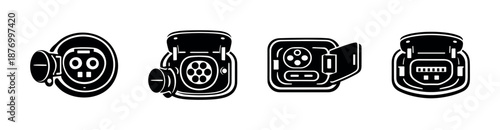 Electric vehicle charging ports vector icons set with power symbols and connection styles