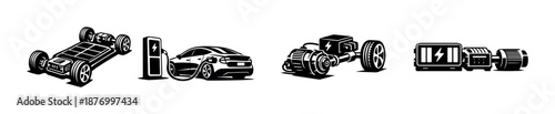 Electric car technology vector icons set: battery, motor, charging, sustainable energy