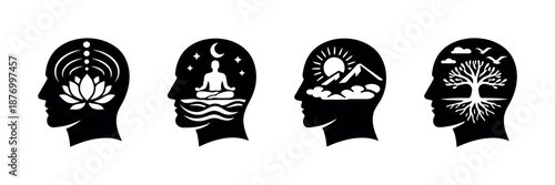 Mindful thinking vector icons set with meditation and nature themes