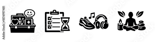 Health and wellness vector icons set: medical, fitness, checklist, meditation symbols