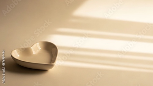 White heart shaped bowl on a beige surface with soft shadows with copy space