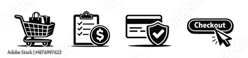 Vector icons set: shopping cart, checklist, credit card, checkout symbols