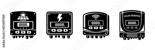 Solar power controller vector icons set: inverter, charger, electricity symbols