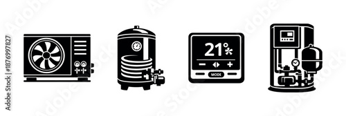Hvac equipment vector icons set: heating, cooling, climate control symbols