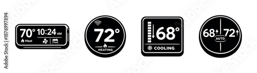 Smart thermostat vector icons set - heating, cooling, temperature controls