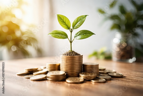 Growth of Financial Prosperity Represented by a Green Plant Emerging from Stacked Coins Symbolizing Sustainability Investment and Economic Resilience in a Modern Workspace