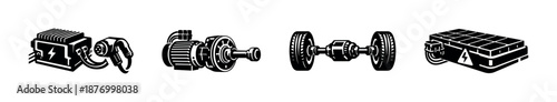 Electric vehicle components vector icons set: motor, battery, drivetrain symbols