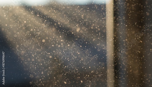 Sunlight illuminating dust motes and particles floating in air in a dark interior space