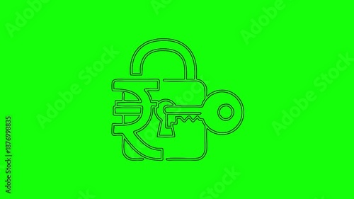 Secure Money Lock Line Icon Animation on Green Screen