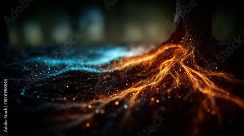 Tree with roots that are blue and orange. The blue roots are on the left side of the tree