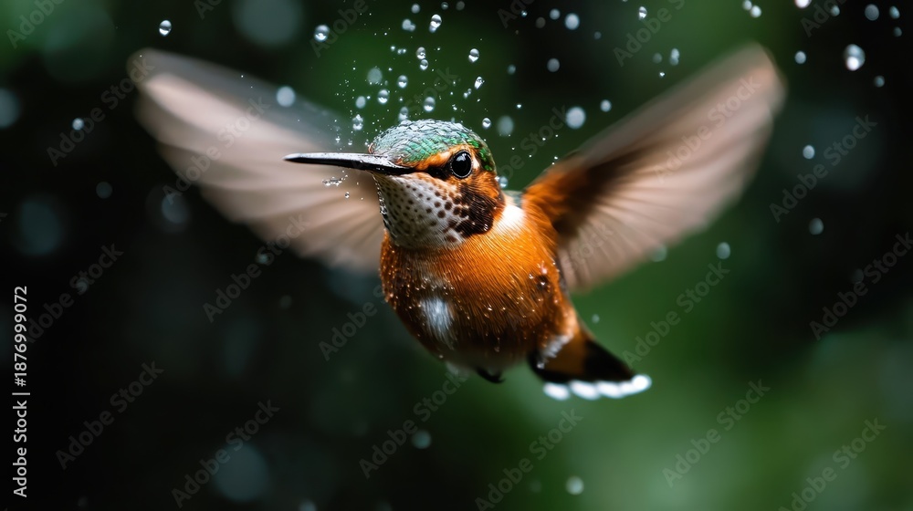 Fototapeta premium A stunning image of a hummingbird mid-flight, surrounded by sparkling droplets of water, showcasing its iridescent feathers and incredible speed in nature's vibrant backdrop.