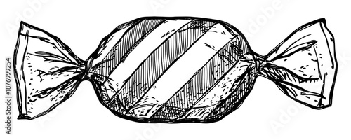 wrapped candy with diagonal stripes isolated hand drawn sketch confectionery packaging card design element line art detailed vector illustration