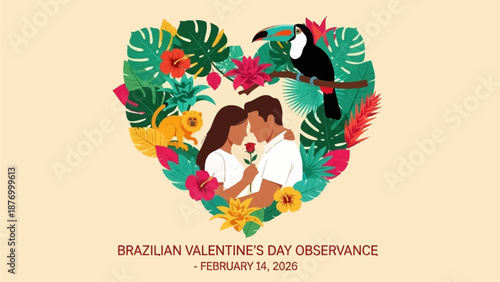 Couple celebrating Brazilian Valentine's Day with tropical heart
