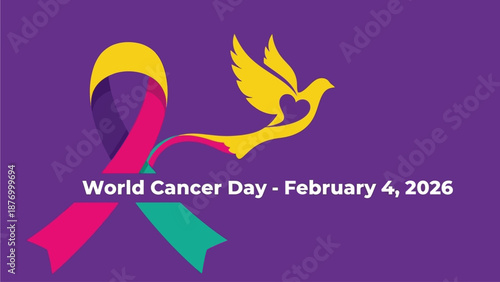 Vibrant World Cancer Day awareness ribbon with dove symbol