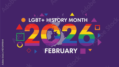 LGBT+ History Month 2026 colorful graphic with rainbow numbers