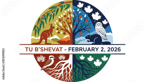 Vibrant Tu B'Shevat celebration graphic with animals and trees