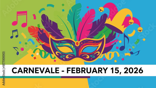 Vibrant Mardi Gras mask with feathers and music notes for festive events