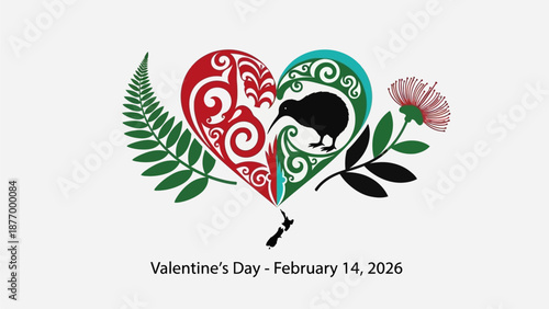 Valentine's Day celebration with kiwi bird and New Zealand flora