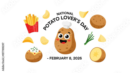 Celebrate National Potato Lover's Day with happy cartoon potato and delicious potato dishes