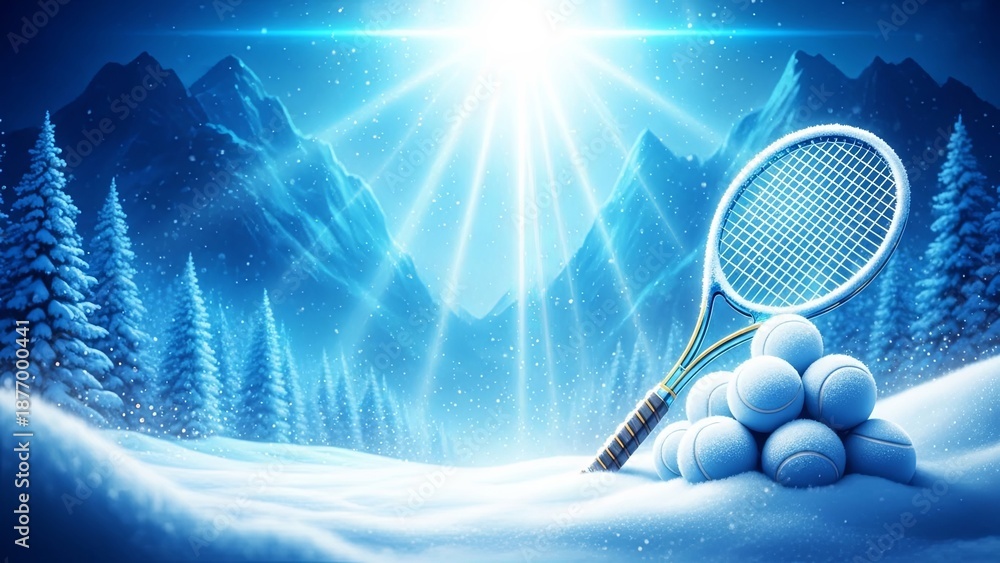Obraz premium Tennis racket with snowy balls on winter mountain landscape. Winter sports concept with snow, trees, mountains, light.