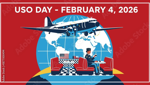 USO Day February 4 2026 illustration of service member in diner
