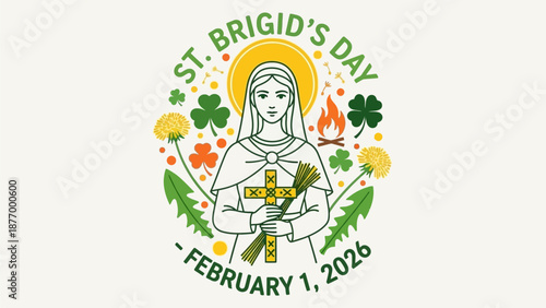 St. Brigid's Day celebration logo with saint, shamrocks, and cross