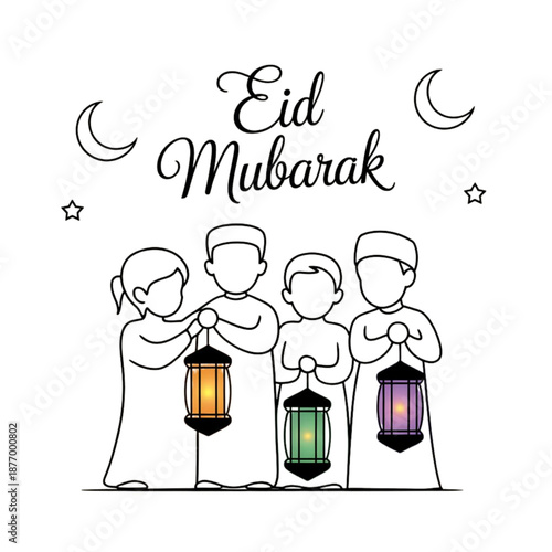 Eid mubarak celebration with children holding lanterns