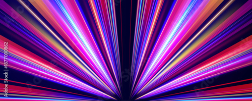 Neon energy lines rush through a dark futuristic scene. Glowing light streaks add motion and depth. Abstract high-speed technology background with digital flow effects.