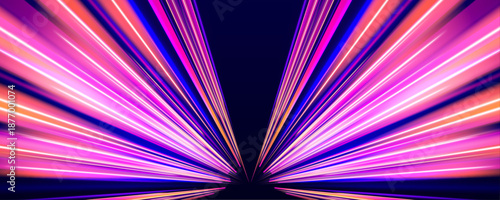 Fast glowing lines move through abstract digital space. Neon colors create motion blur and depth effects. Futuristic technology background with energy waves and light streaks.