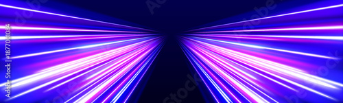 High-speed neon motion in abstract cyberspace design. Glowing purple and red light trails form flowing curves. Futuristic technology illustration with energy, blur, and depth.