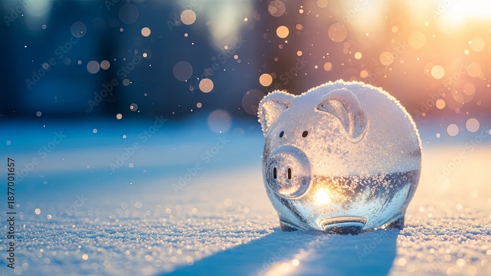 Fototapeta premium Piggy bank covered in snow on a winter day. Concept of saving money during cold season or economic winter for personal finance.