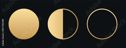 Golden geometric moon phase icons vector set showing full, half and new moon designs on black background, minimalist modern astronomy symbol pack for cosmic lunar spirituality and decorative use