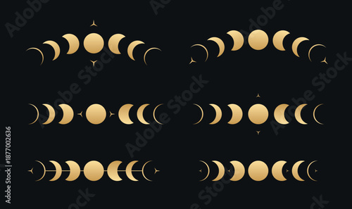 Gold gradient moon phase vector set with celestial lunar symbols on black background, spiritual astrology magical design elements for witchcraft mystic ritual boho decor and zodiac inspiration