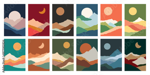 Set of vertical posters with silhouettes of mountain landscapes in flat style. Hiking, travel cards. Design element for poster, card, banner. Contemporary design. Futuristic wall art decor. Dunes, sky