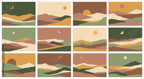 Set of horizontal posters with silhouettes of mountain landscapes with moon in flat style, earth mute colors. Design element for poster, card, banner. Contemporary design. Futuristic wall art decor