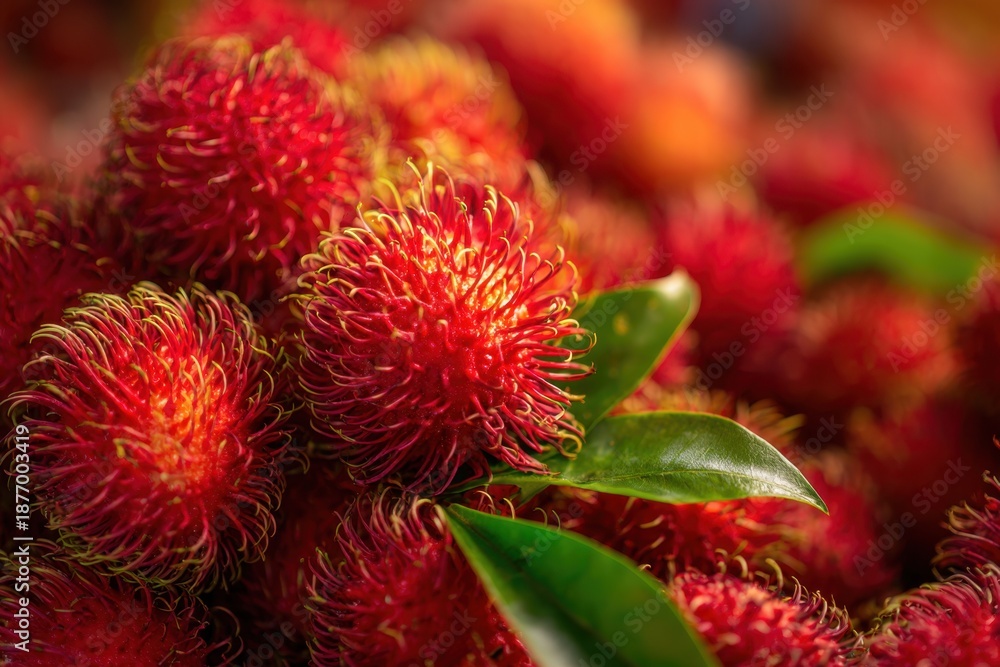 Fototapeta premium Heap of fresh red rambutan fruits with green leaves close up showing hairy skin texture
