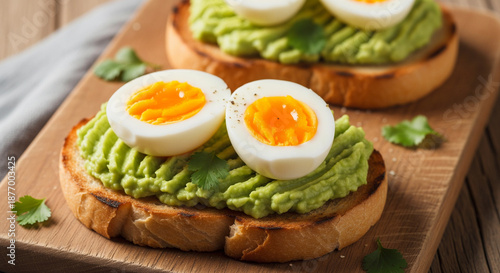 Healhy Breakfast Toast With Avocado, Boiled Egg On Wooden Cutting Board