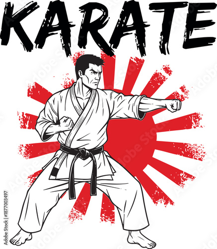 A karate man is striking with sun in the background. It is a symbol of power, focus, and strength