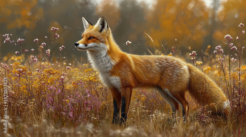 Obraz premium Solitary red fox stands alertly in field of wildflowers, its vibrant fur illuminated by soft glow of autumn light, creating serene and picturesque wildlife portrait
