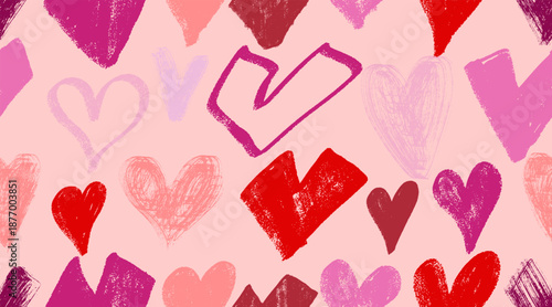 Seamless pattern with crayon hand drawn red hearts. Hand painted ink brush strokes with grunge texture. Romantic vector backdrop for Valentine’s Day, wrapping paper, fabric, wallpaper, love designs.