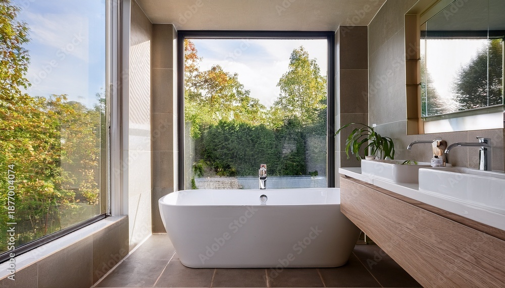 Fototapeta premium modern bathroom with a large window on the right side the window has white frames and is letting in natural light