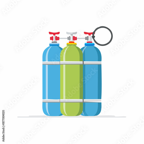 Three Gas Cylinders Lined Up Safely Secured with Valves in Blue Green and Gray for Industrial Use