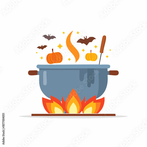 Cartoon Halloween potion brewing in pot with pumpkins and bats over fire, spooky holiday cookout