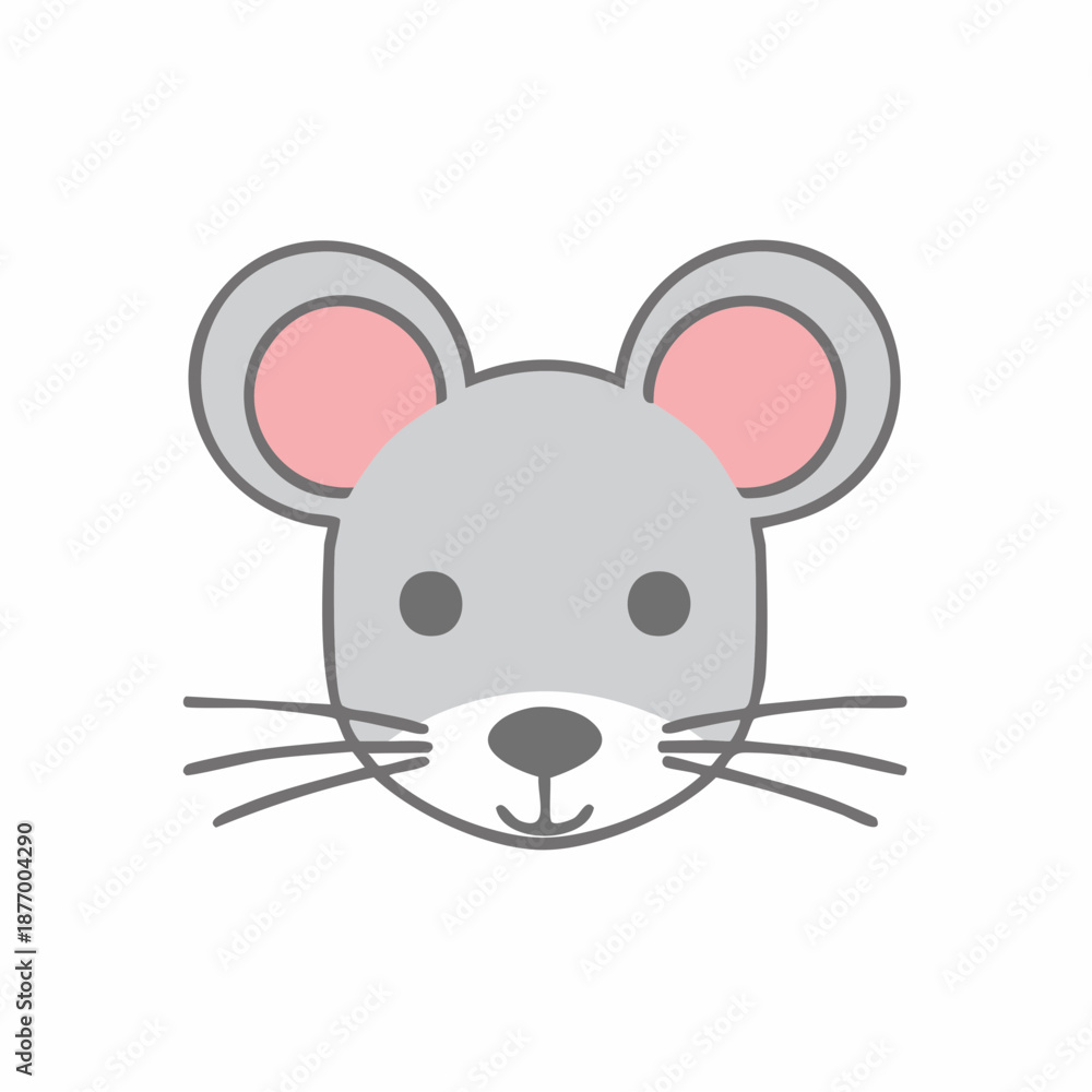 Obraz premium Cute Gray Mouse Face Cartoon Style Illustration Isolated on White Simple Design Rodent Animal Children's Drawing Clip Art Image