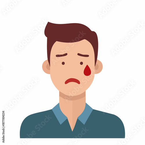 Man with Injury Blood Drop on Face Sad Expression Illness or Accident Medical Condition Healthcare