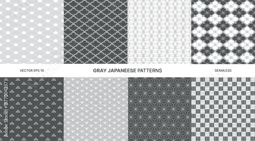 Seamless vector patterns set with classic Japanese decorative elements in grayscale featuring waves, flowers, clouds, lattice, hemp leaves, fans, symmetry, geometry, and traditional textile designs