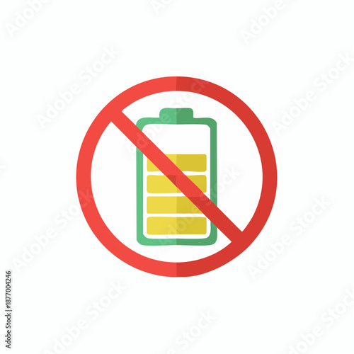 Battery with prohibition sign, low power warning, charging issue, energy icon illustration